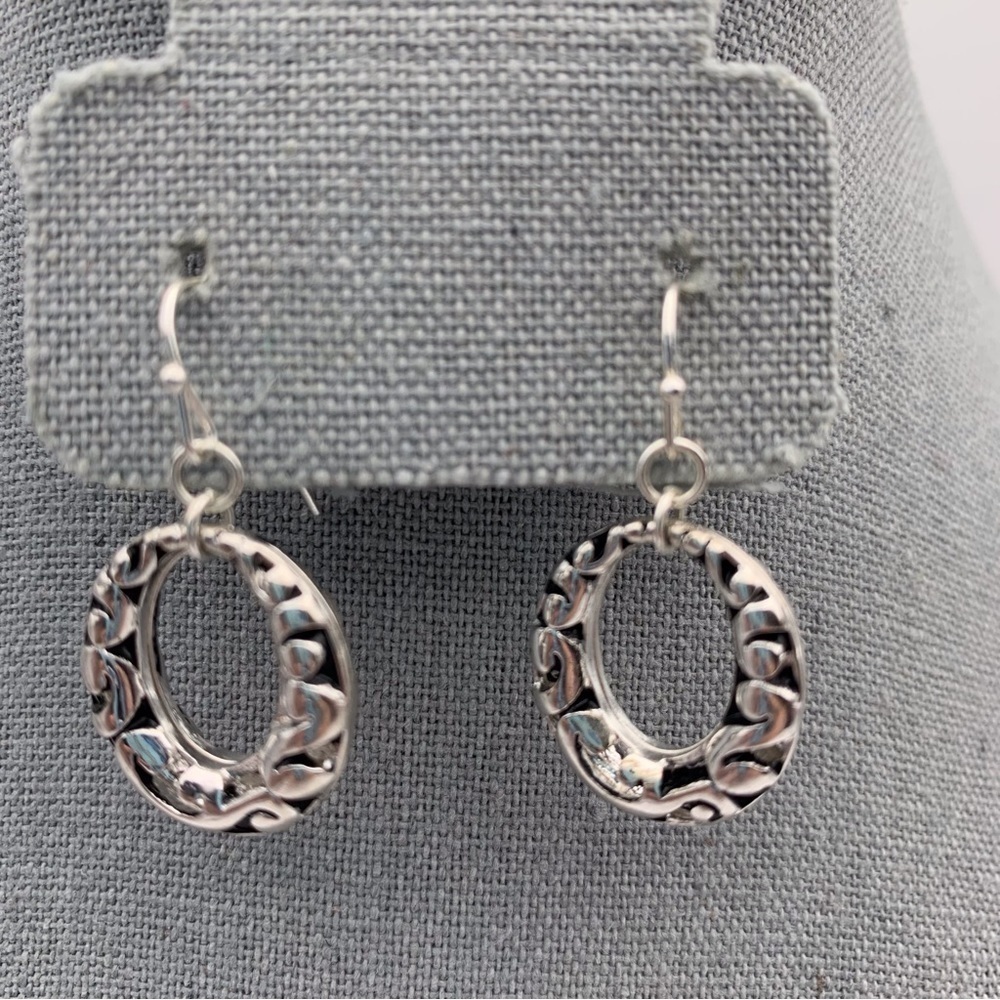 Black and Silver Tone Swirl Design Dangle Hoop Earrings